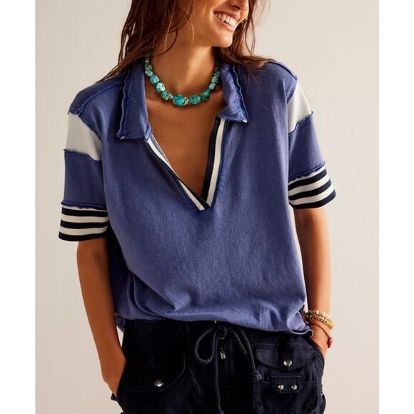 Free People Tops - Free People We The Free Be Kind Tee V Neck Striped Polo Blouse Tunic Top M BZ